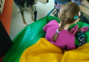 Po lewej stronie zdjęcia pies oczekuje na przysmak. Na pierwszym planie widoczna jest uczennica siedząca na pufie, której terapeutka podaje psie chrupki.